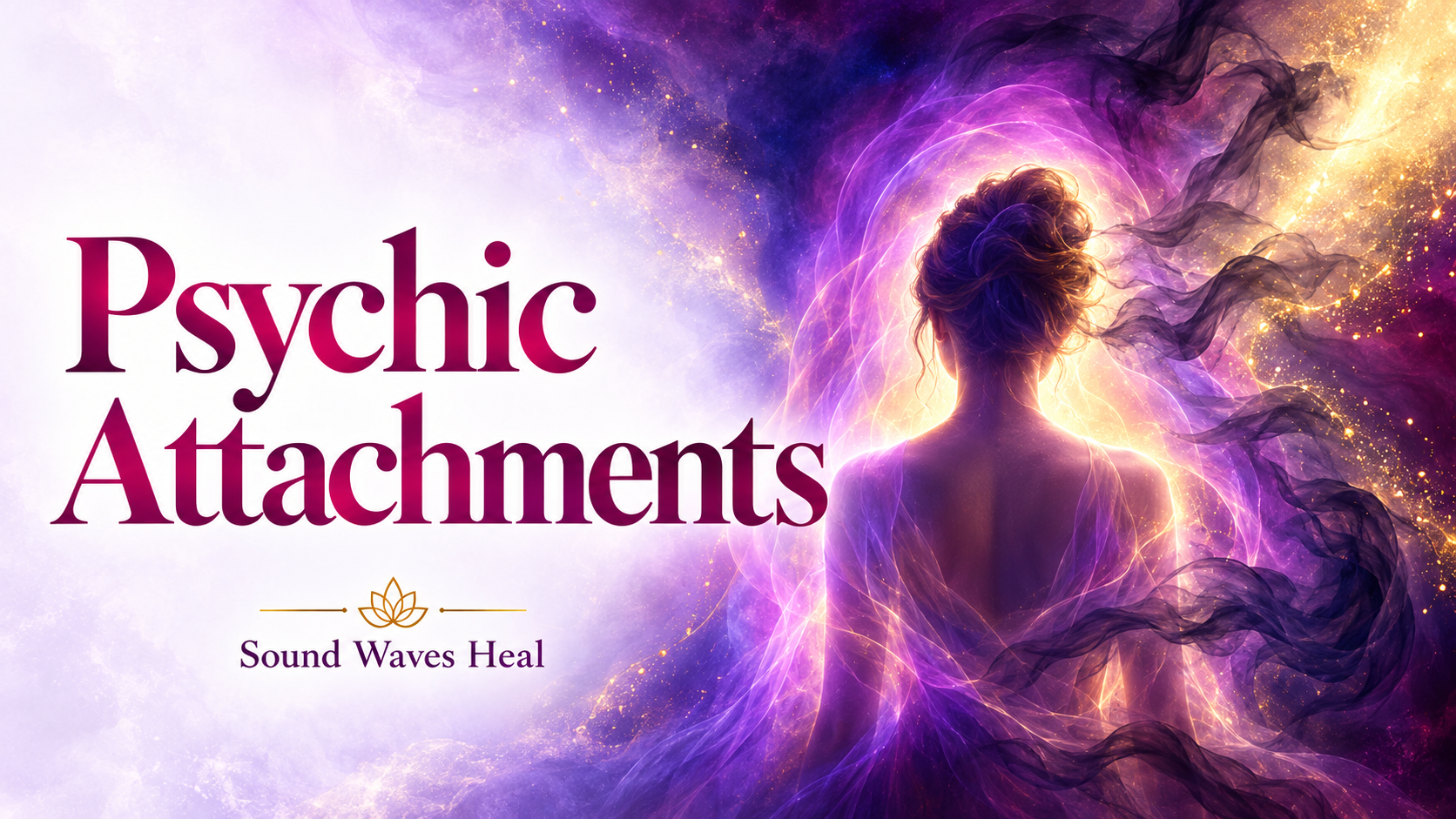 Illustration of a woman surrounded by violet light and drifting shadows, with the title “Psychic Attachments.”