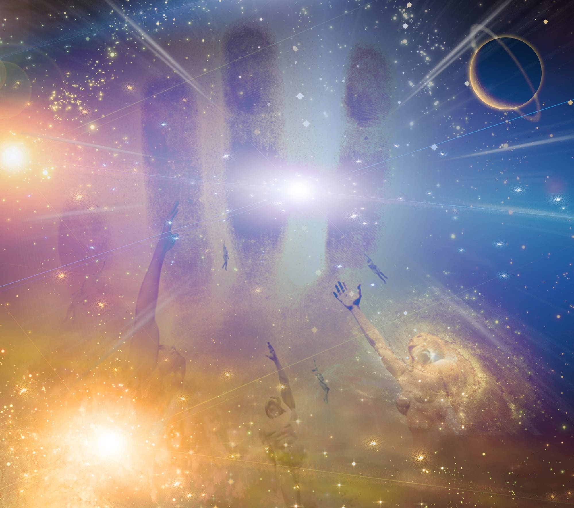 People soaring toward light amongst stars