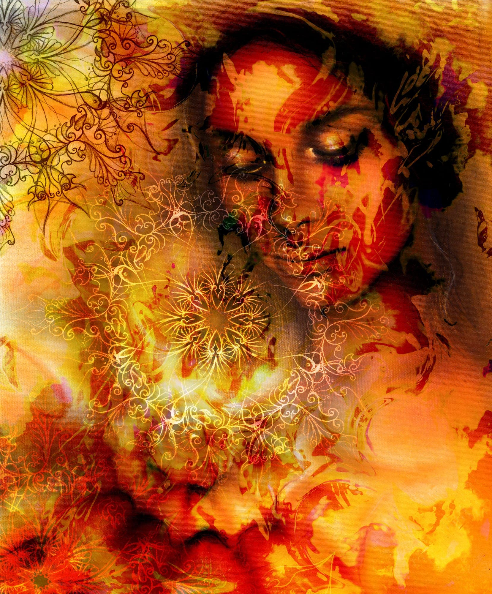 Beautiful Painting Goddess Woman with ornamental mandala and color abstract background and fire structure. meditative closed eyes. Brown, orange, yellow color.