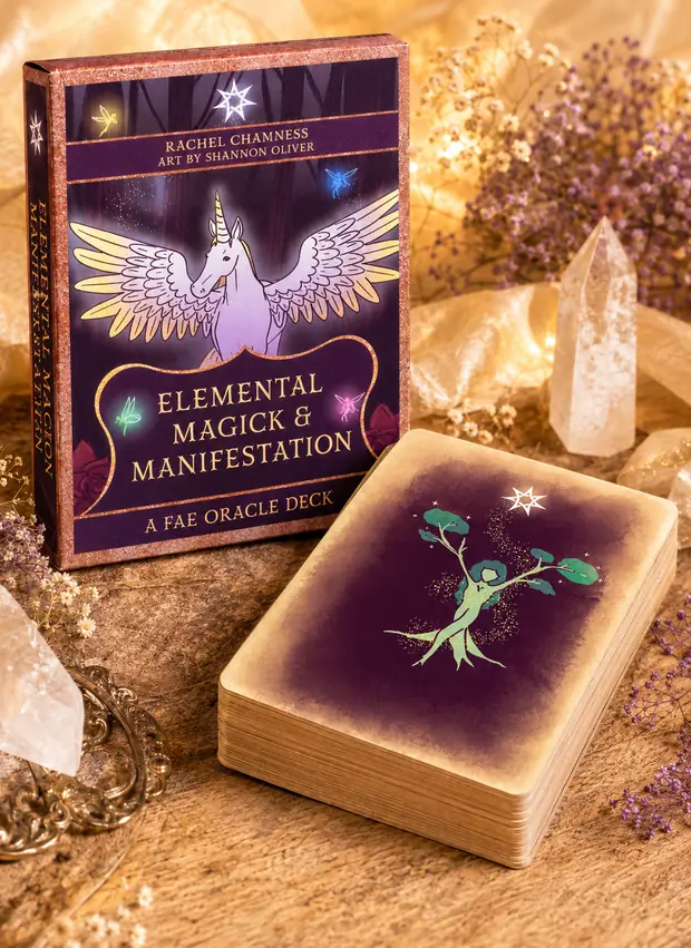 Elemental Magick & Manifestation fae oracle deck box with crystals